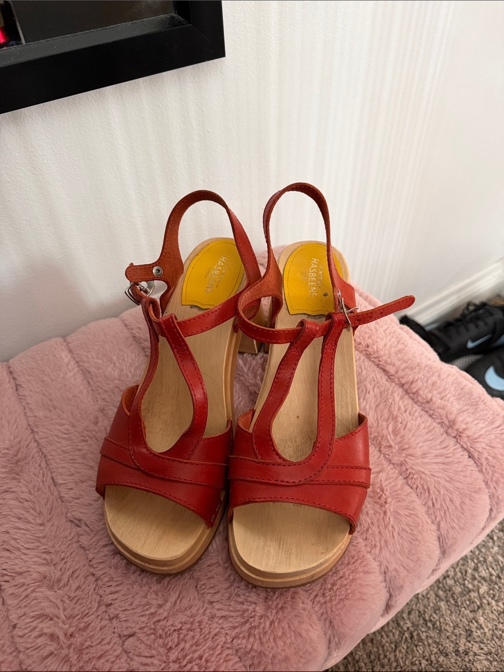 Swedish Hasbeens Red Leather T‑Strap Wedge Sandals